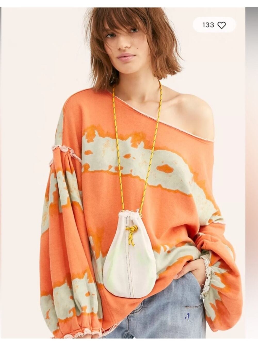 Free People Feels Right Printed Pullover Top Sweatshirt XS Orange